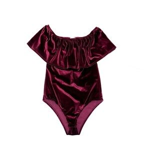 Jess Lea Burgundy Off Shoulder Ruffled Bodysuit Stretch Velvet Velour NWOT